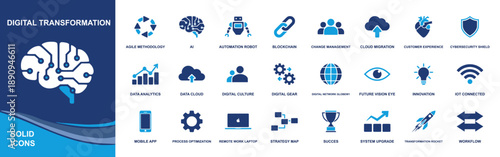 Digital transformation icon set. Containing agile, AI, automation, blockchain, cloud migration, cybersecurity, IoT, analytics, strategy, workflow and more. Solid vector icons collection