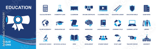 Education icon set. Containing classroom, diploma, e-learning, exam paper, calculator, chemistry flask, graduation cap, library, study lamp, scholarship and more. Solid icons collection