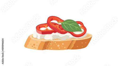 Savory bruschetta toast with vibrant red bell pepper slices and a delicate green basil leaf atop creamy white cheese spread offering a delightful