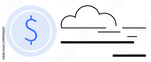 Financial technology, cloud services, digital banking, online transactions, fintech innovation, economy. Dollar symbol next to a minimalist cloud icon. Financial technology and cloud services concept