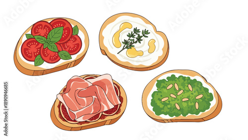 Illustrated assortment of four delicious open-faced toasts, featuring fresh ingredients. A visually appealing graphic of diverse appetizer options
