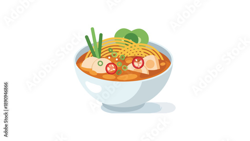 Vibrant stylized illustration of a heartwarming Asian noodle dish with fresh ingredients and rich broth for a comforting meal
