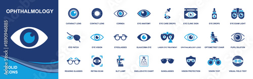 Ophthalmology icon set. Containing cataract lens, contact lens, cornea, eye drops, eye patch, glasses, glaucoma, laser treatment, Snellen chart and more. Solid fill vector icons collection