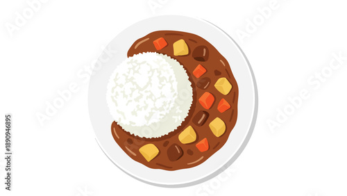 A comforting plate of golden brown curry sauce artfully embracing fluffy white rice, featuring tender vegetables and savory protein pieces in a