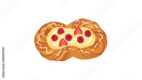 Delightful braided pastry featuring luscious cream topping and vibrant red berries, an enticing sweet treat illustration for confectionery visual