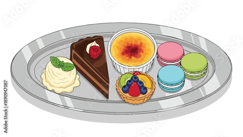 An exquisite illustration featuring a luxurious assortment of diverse gourmet desserts beautifully arranged on a polished silver platter, a sweet