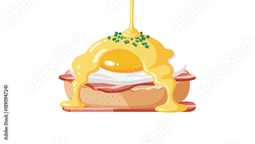 Golden hollandaise generously flowing over a poached egg crisp bacon toasted muffin and fresh chives a delightful breakfast illustration perfect for