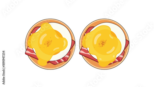 Stylized top-down depiction of two hearty morning meals featuring eggs, bacon, and sauce