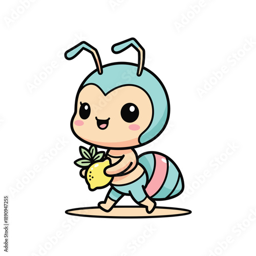 Cute cartoon ant character carrying a yellow fruit with green leaf anthropomorphic