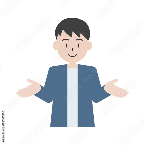 両手で説明する男性の人物イラスト　案内や紹介のポーズ