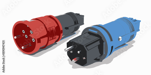 Industrial Power Connectors, Red and Blue Heavy-Duty Plugs