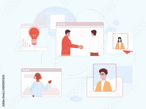 Virtual meeting and collaboration between diverse team members on screens