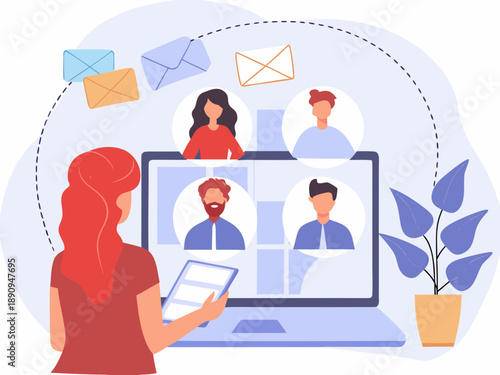People connecting via video call on a laptop with digital mail icons