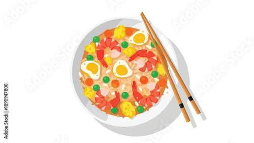 Vibrant Asian fried rice with shrimp, sunny eggs, and mixed vegetables presented with chopsticks on a plate a delicious and appetizing meal vector art