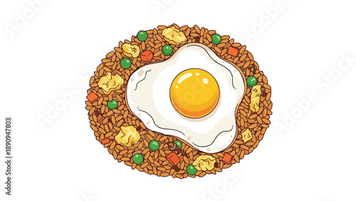 A cheerful cartoon depicting delicious fried rice topped with a sunny-side-up egg. It includes green peas and carrots, creating an appetizing