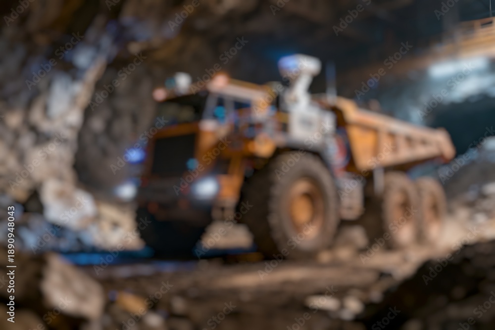 Fototapeta premium Blur Photos of miners and equipment in an underground mine. Mining truck with AI camera at underground mine
