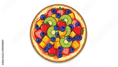 A vibrant vector illustration of a delicious fruit dessert pizza bursting with fresh strawberries blueberries kiwi and mango chunks perfect for a
