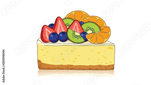 A colorful and fresh illustration of a cheesecake slice topped with red strawberries, blue blueberries, green kiwi, and orange citrus, creating a