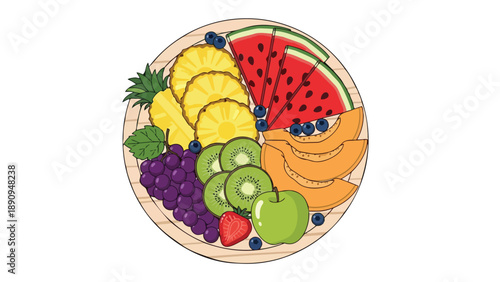 A vibrant collection of naturally sweet, freshly sliced, and artfully arranged seasonal fruits presented on a rustic wooden platter, an ideal