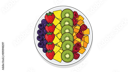 Colorful healthy fruit platter illustration featuring fresh berries, kiwi, pineapple, mango