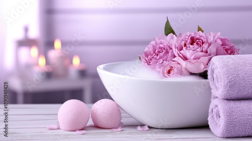 Wallpaper Mural Soft spa still life with a white bowl of pink roses, pastel macarons, and rolled towels on lavender backdrop!! Torontodigital.ca