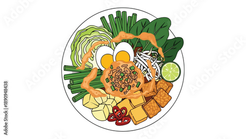 Indonesian Gado-Gado style salad illustration with fresh vegetables, eggs, tofu, tempeh, potatoes, chili slices and a generous peanut sauce dressing