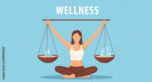 Wellness concept with woman balancing scales symbolizing harmony and balance in health and lifestyle on blue background