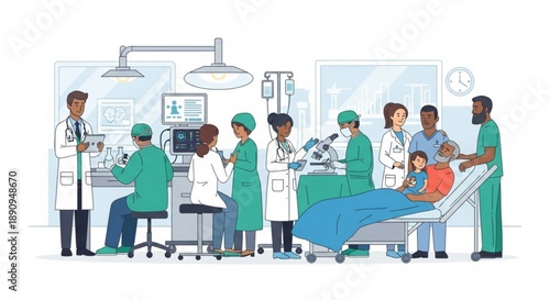 Medical team providing emergency care to a child in a hospital setting with doctors and nurses