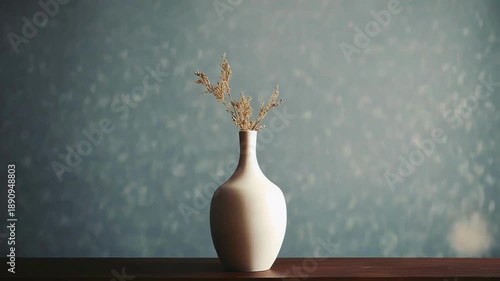 Minimalist white pottery vase with a subtle texture holds dried flower stems, creating a calm scene against a soft blue textured wall with bokeh lighting
