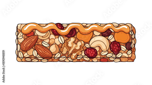 Vibrant cartoon depiction of a wholesome granola bar packed with nuts fruits and a golden drizzle