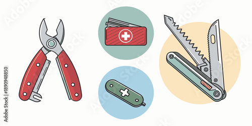 Outdoor Tools and First Aid Kit Icons for Hiking and Camping
