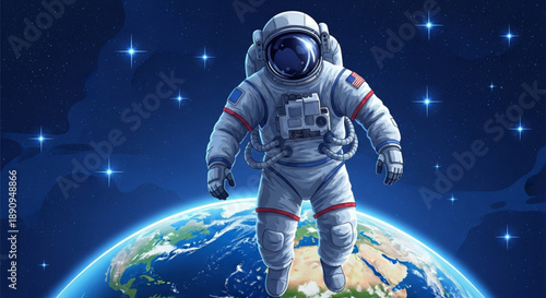 Astronaut in space suit floating above earth globe with stars in background