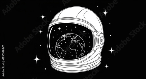 Astronaut helmet with earth reflection in space stars