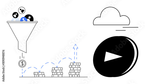Marketing conversions, revenue generation, data storage, media playback, financial planning, monetization tools. A funnel, rising coins cloud and play button. Marketing conversions and revenue