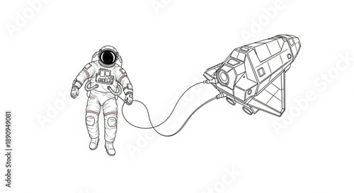 Astronaut in space suit floating with tethered spacecraft in orbit around earth exploration and adventure concept