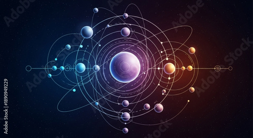 Vibrant atomic structure model with colorful orbiting electrons and protons on dark background representing chemistry and physics concepts