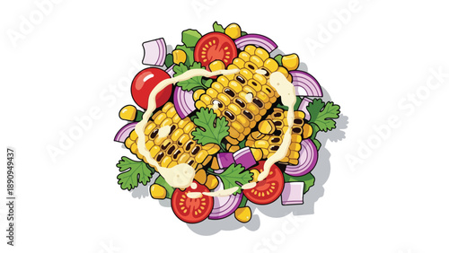 Vibrant illustrated corn salad with fresh garden ingredients and creamy dressing perfect for healthy lifestyle