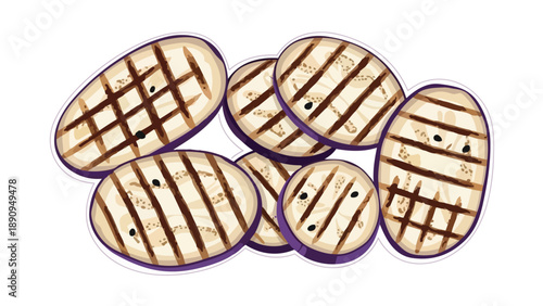 Vibrantly illustrated grilled eggplant slices showcasing perfect char marks. A healthy and delicious plant-based food item, ideal for culinary