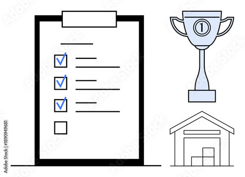 Task management. Checklist with completed tasks, trophy achievement, and storage as workflow completion. Task management for goals, business planning, productivity, and organization