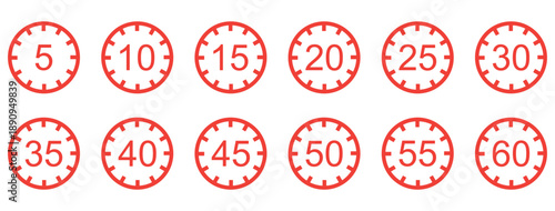 Timer, clock, stopwatch isolated set icons. Countdown timer symbol icon set. Label cooking time. Vector illustration.Set of analog clocks for every hour icon.Stopwatch icon from 1 to 60 minute timer