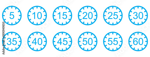 Timer, clock, stopwatch isolated set icons. Countdown timer symbol icon set. Label cooking time. Vector illustration.Set of analog clocks for every hour icon.Stopwatch icon from 1 to 60 minute timer