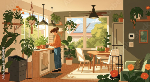 Woman enjoying a serene kitchen surrounded by lush green plants and vibrant flowers in a cozy home environment
