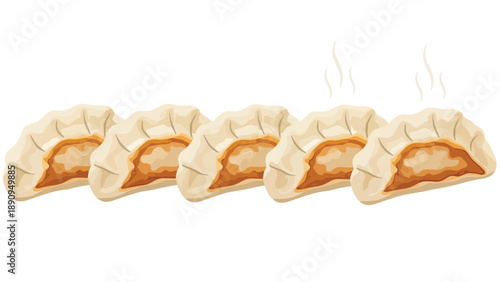 Five steaming dumplings with golden-brown texture, rich visible filling, authentic asian cuisine, inviting delicious meal, perfect culinary art,