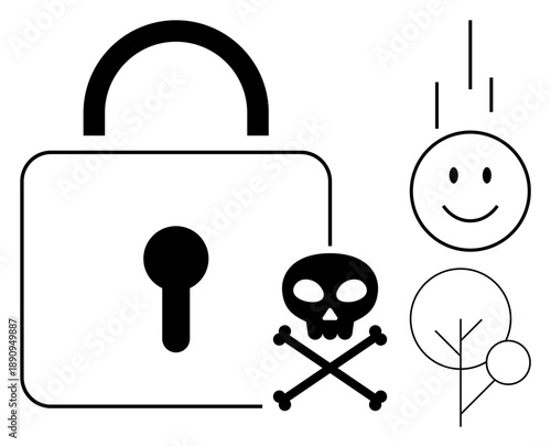 Security concept. A padlock protection, a skull for danger, and abstract minimalist icons. Security for data, systems, threats, and app interfaces. For cybersecurity data protection IT systems web