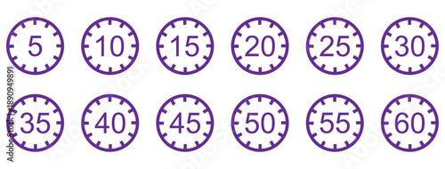 Timer, clock, stopwatch isolated set icons. Countdown timer symbol icon set. Label cooking time. Vector illustration.Set of analog clocks for every hour icon.Stopwatch icon from 1 to 60 minute timer