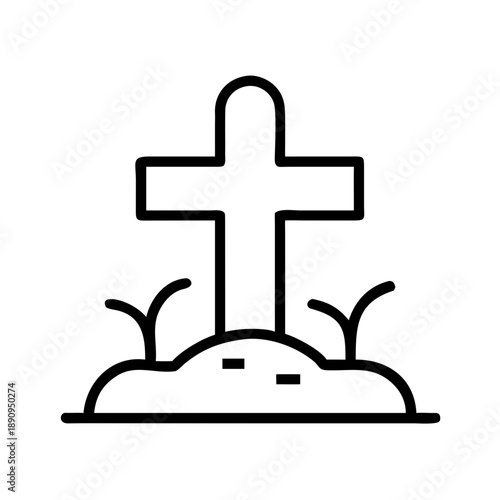 Simple cross grave marker with grass on a burial mound  