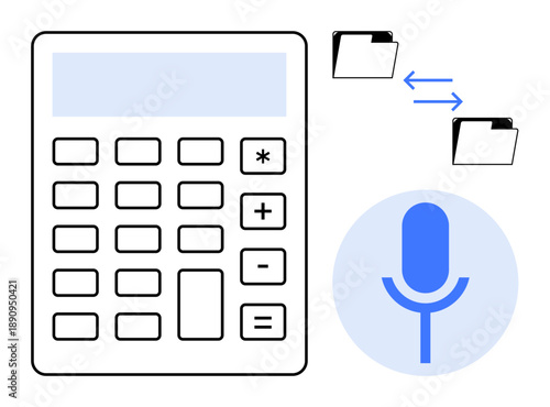 Financial tools, data processing, cloud computing, voice technology, digital workflows, productivity software. Calculator, microphone icon and folder transfer arrows. Financial tools and data