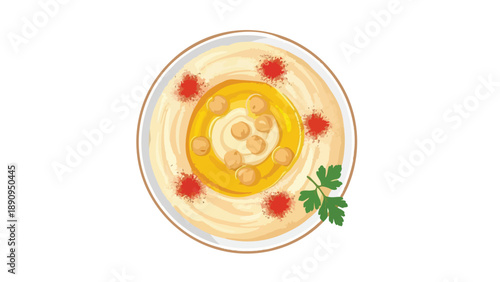 Creamy chickpea hummus, garnished with golden olive oil, whole chickpeas, red spice, and fresh parsley, a vibrant and healthy Mediterranean culinary