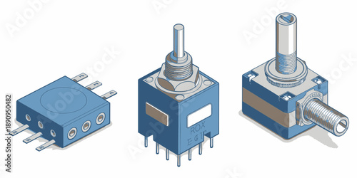 Electronic Components, Potentiometers, and Rotary Controls in Blue and Silver