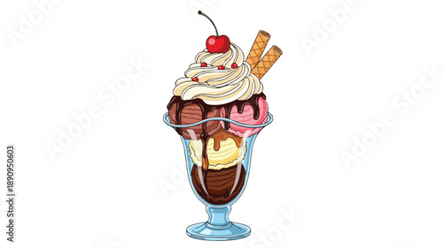 Sweet multi-scoop ice cream sundae art with whipped cream, cherry, chocolate drizzle, and wafer rolls